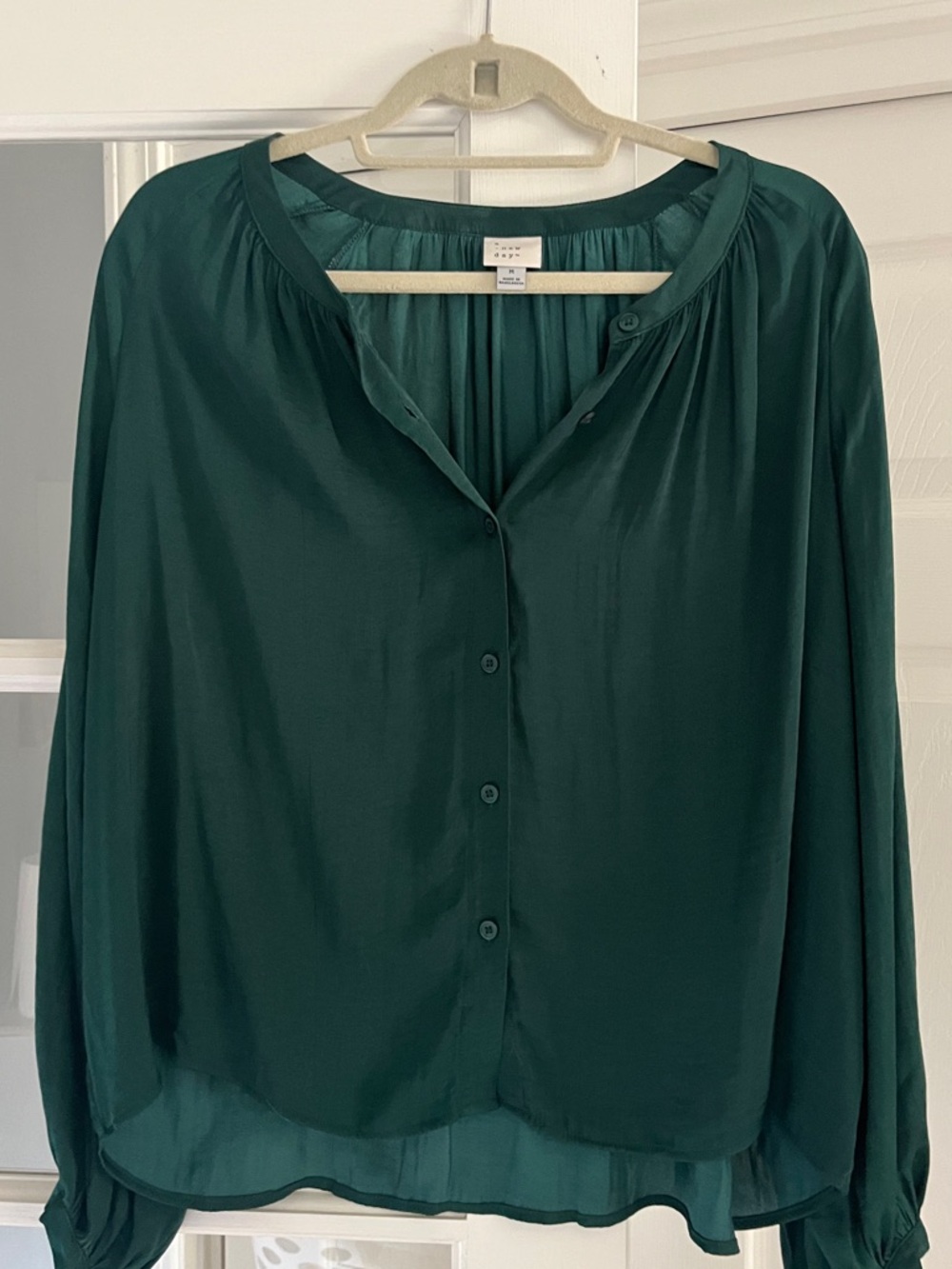 A New Day Women's Long Sleeve Forest Green Button-Front Blouse